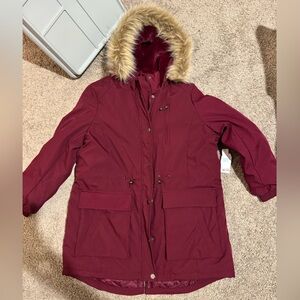 Women's Burgundy Parka with Faux Fur Trim